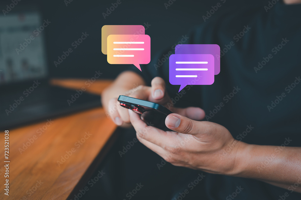 Poster Young man using a smartphone with social media, typing live chat chatting on application communication digital website and social network concept.Social media application chat box.