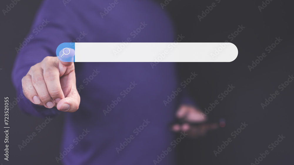 Poster Male user hand use smartphone and touch on search bar to research for data information on website. Data search technology, SEO technology engine optimization. Using Search Console with your website.