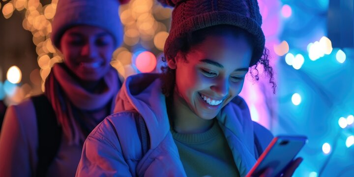 A smiling young woman absorbed in her phone