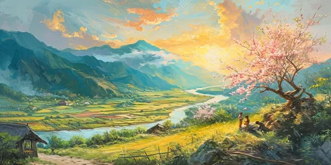 Gordijnen Oil painting, Beautiful landscape of cherry blossoms blooming in the high mountains © cuong