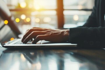 Picture of a businessman's hand using a laptop trackpad, immersed in work. Hand on the trackpad with part of the laptop visible, blurred office setting,  - obrazy, fototapety, plakaty