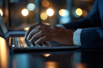 Picture of a businessman's hand using a laptop trackpad, immersed in work. Hand on the trackpad with part of the laptop visible, blurred office setting, - obrazy, fototapety, plakaty