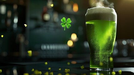 A glass of traditional Irish green beer for St. Patrick's Day stands on the bar counter, next to a lucky clover leaf - obrazy, fototapety, plakaty