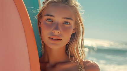 Young woman blonde surfer with a surfboard on the beach in the sun. Summer holiday, sport, active lifestyle and vacation concept