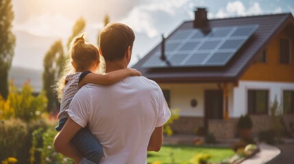 Rear view of dad holding her little girl in arms and showing at their house with installed solar panels. Alternative energy, saving resources and sustainable lifestyle concept.