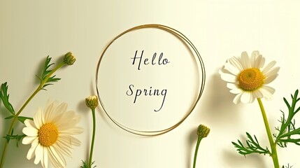 Photo in a minimalist botanical style with a spring mood and flowers chamomiles with the text “Hello spring” in the centre