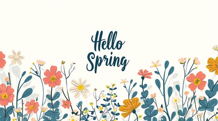 Illustration in a minimalist botanical style with a spring mood and flowers with the text “Hello spring” - obrazy, fototapety, plakaty