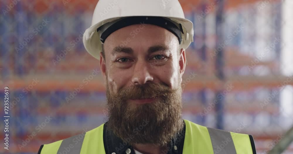 Poster man, face and construction worker in logistics or architecture with maintenance work at warehouse or