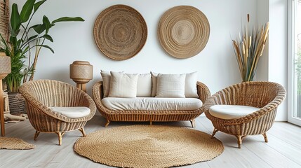 Fototapeta na wymiar Interior design living room with a wicker rattan sofa with soft pillows. Quality rattan armchairs in Neutral color tone interior design concept