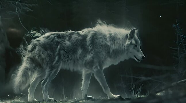 a wolf walking through a forest in the night