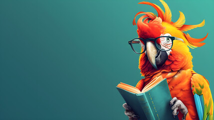 Cute And Smart Cartoon Parrot Wearing Glasses, Engrossed In Reading A Book Or Studying. Ensure There's A Designated Space For text, Making  It Suitable For Educational Materials, Generative Ai - obrazy, fototapety, plakaty