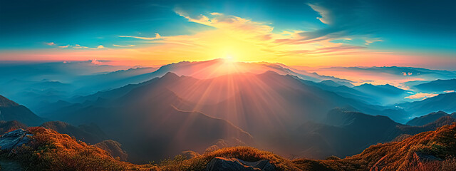 Sunrise in the mountains panoramic view beautiful scenery wide wallpaper generated by ai  - obrazy, fototapety, plakaty