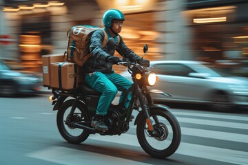 Delivery guy on motobike riding through Paris traffic - obrazy, fototapety, plakaty