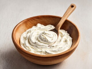 Sour cream in a wooden bowl on a white background