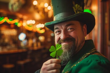 Portrait photo of a man as a leprechaun, winking and holding a four-leaf clover close to the camera. He's in traditional green attire with a beard, standing against a backdrop of an old Irish pub.  - obrazy, fototapety, plakaty