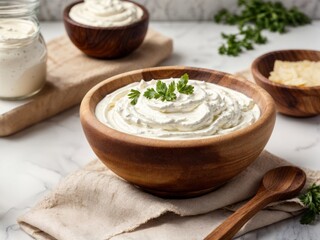 Homemade mayonnaise or sour cream in a wooden bowl on a white marble background