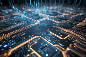 Quantum computing. 3D render of circuits, advanced technology.  Futuristic technology concept background.