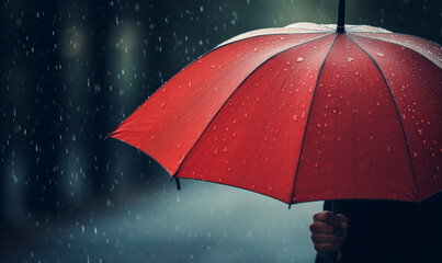 Person holds red umbrella under rain on dark background, close up, copy space