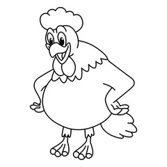 Funny chicken cartoon for coloring book.