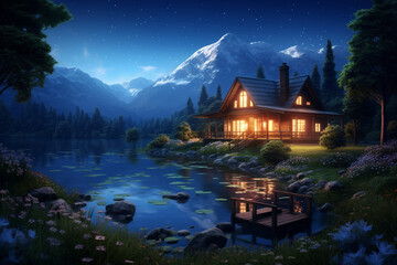 Beautiful night landscape with a small house on the shore of a mountain lake - Powered by Adobe