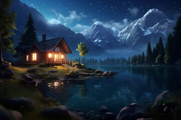 Obraz premium Beautiful night landscape with a small house on the shore of a mountain lake