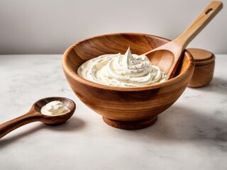 Sour cream in a wooden bowl on a white marble background