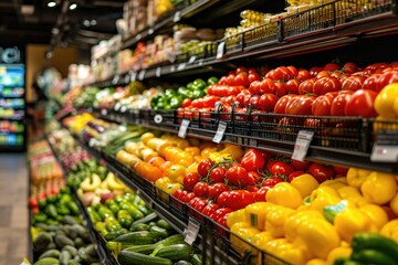 Fresh vegetables and fruits in a grocery store with a blurred background