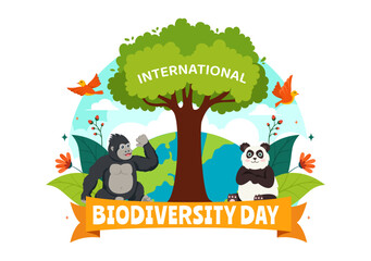 World Biodiversity Day Vector Illustration with Biological Diversity, Earth and the Various Animal in Nature Flat Cartoon Background