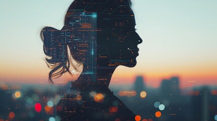 Double exposure, A woman overlaid with cityscape and data, symbolizing the intersection of urban life and digital information