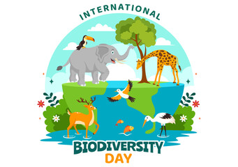 World Biodiversity Day Vector Illustration with Biological Diversity, Earth and the Various Animal in Nature Flat Cartoon Background