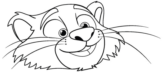 Black and white drawing of a smiling lion cub.