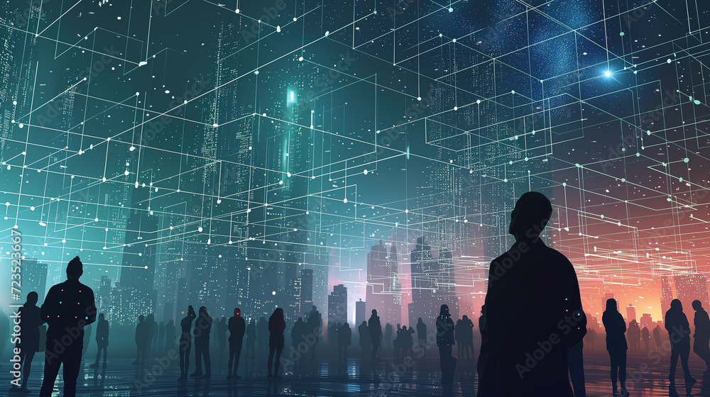 Aufkleber cityscape with data connections and global business networking structure