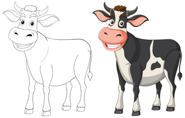 Illustration of a cow, black and white to color