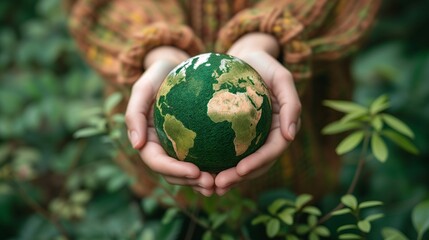 Hand hold Globe ball with tree growing and green nature background Eco-friendly concept