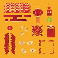 Chinese Lunar New Year icon set. banner illustration with concept of red envelopes, lanterns, peach blossoms, firecrackers on yellow background.