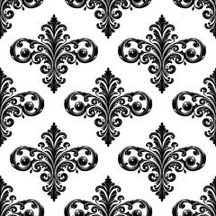 Obraz premium Damask Fabric textile seamless pattern Luxury decorative Ornamental floral divider Black line vintage decoration element white Background