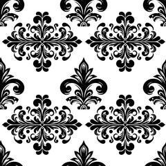 Obraz premium Damask Fabric textile seamless pattern Luxury decorative Ornamental floral divider Black line vintage decoration element white Background