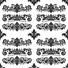 Damask Fabric textile seamless pattern Luxury decorative  Ornamental floral divider Black line vintage decoration element white Background