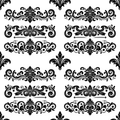 Damask Fabric textile seamless pattern Luxury decorative  Ornamental floral divider Black line vintage decoration element white Background