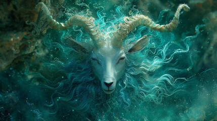 A Flowing Design Goat Head Emerging From an Abstract Background Capricorn Astrological Art - obrazy, fototapety, plakaty