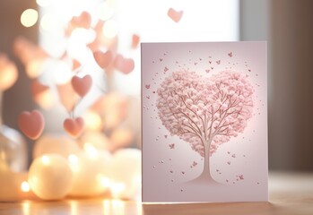 A card with a pink tree in the shape of a heart. Generative AI.