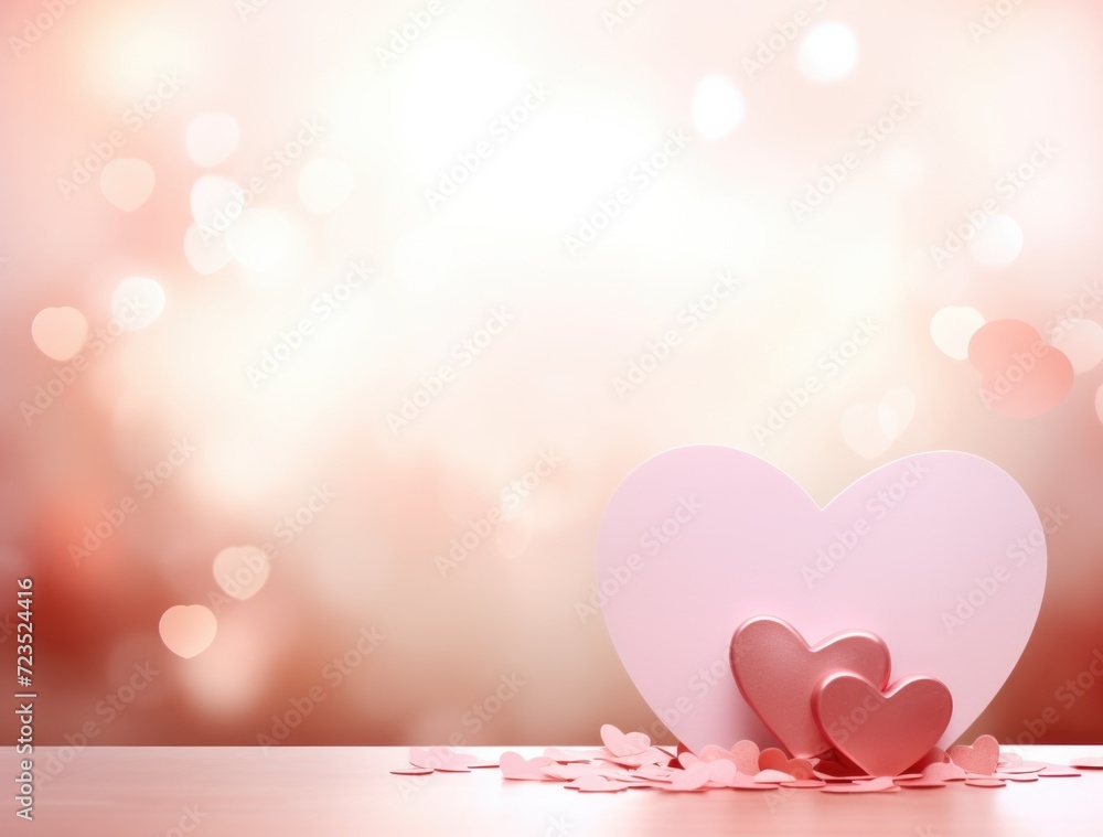 Poster two hearts on a table with a pink background. generative ai.