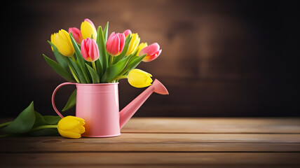 beautiful pink tulip flowers in a watering can on a wooden table in the garden, blurred nature background with copy space for text