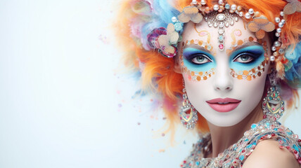 Beautiful young caucasian woman at carnival wearing a colorful costume and mask on a white background - obrazy, fototapety, plakaty