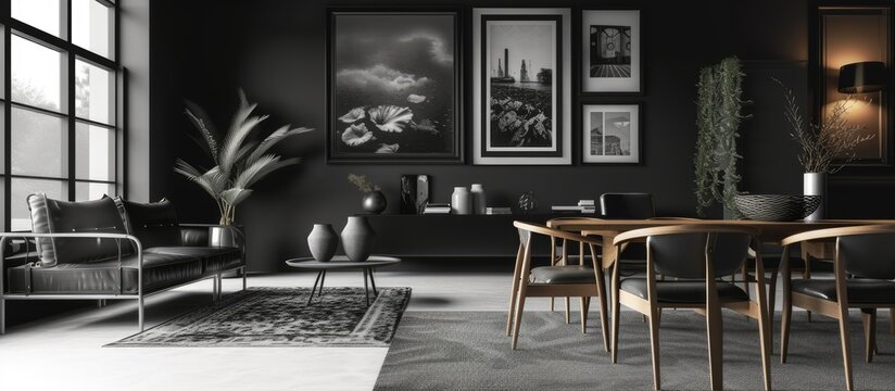 Monochrome Living Room With Carpet, Dining Table, Sofa Against Dark Wall Adorned With Posters.