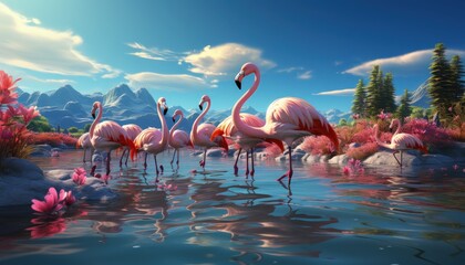 A group of flamingos in a shallow lagoon