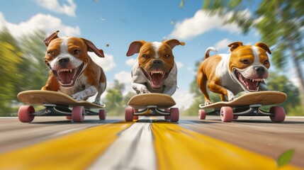 Three dogs on skateboards one barking madly and trying to take out the others in the race while the other two casually sip on some doggie tails.