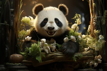 A cuddly panda munching on bamboo