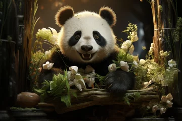 Foto op Canvas A cuddly panda munching on bamboo © Mahenz