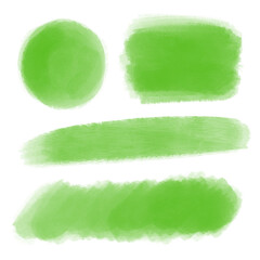 Set of green watercolor brush strokes. Hand drawn logo design for eco friendly products. Organic, natural, vegan, healthy food background template.